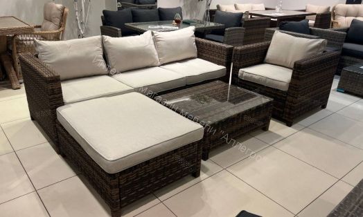 Комплект GRAND VICKY (диван + пуф + кресло + стол со стеклом) с подушками, ротанг искусственный, Коричневый