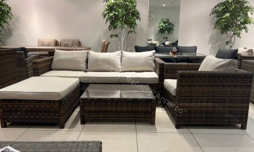 Комплект GRAND VICKY (диван + пуф + кресло + стол со стеклом) с подушками, ротанг искусственный, Коричневый