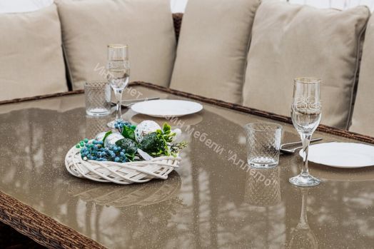 Комплект ZORRO (диваны + пуфы + стол со стеклом) с подушками, ротанг искусственный, Коричневый