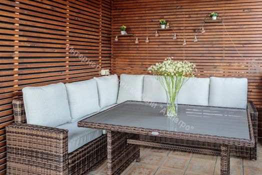 Комплект ZORRO (диваны + пуфы + стол со стеклом) с подушками, ротанг искусственный, Коричневый