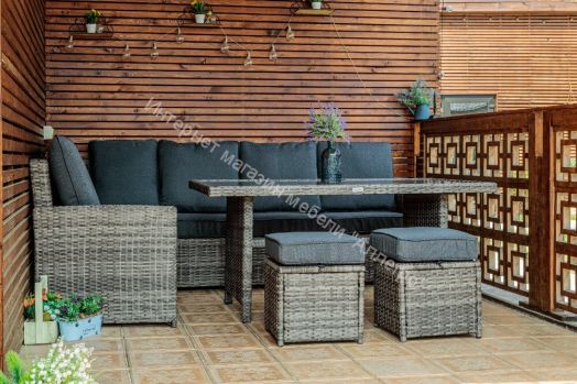 Комплект ZORRO (диваны + пуфы + стол со стеклом) с подушками, ротанг искусственный, Серый