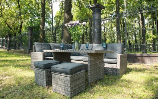 Комплект ZORRO (диваны + пуфы + стол со стеклом) с подушками, ротанг искусственный, Серый