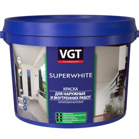 Краска для Наружных и  Внутренних Работ VGT Superwhite ВД-АК-1180 15кг Акриловая, Супербелая, Матовая / ВГТ.