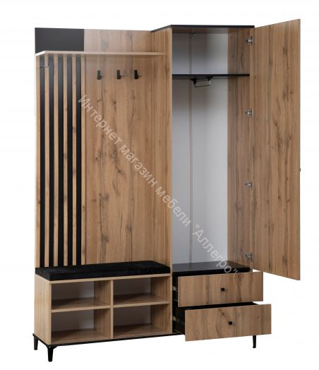 Шкаф для прихожей 51.22 Либерти h=150 с зеркалом, Дуб вотан/Чёрный