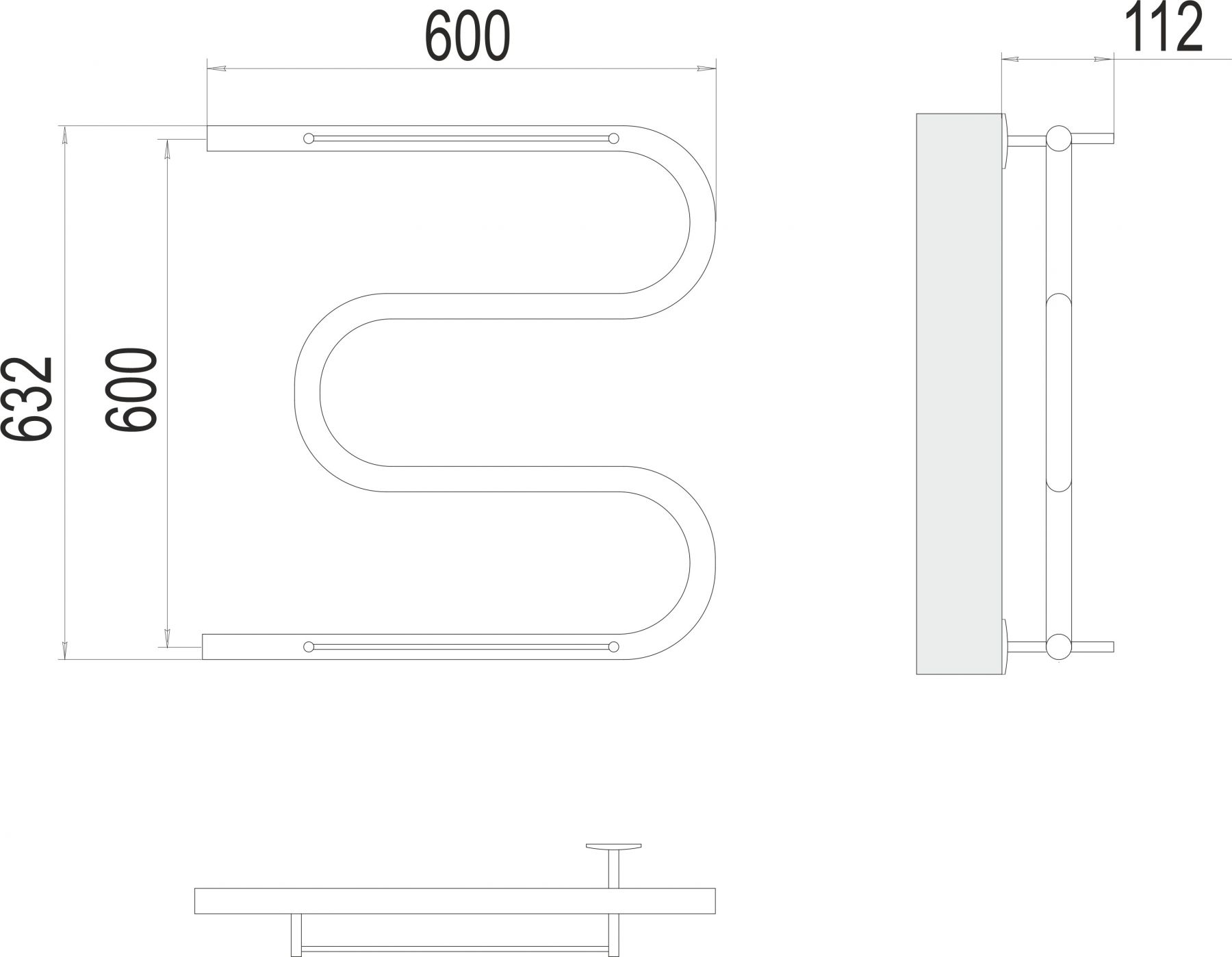 Полотенцесушитель водяной с боковым подключением TERMINUS М-образный с полкой 60х63,2 схема 3