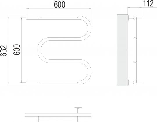 Полотенцесушитель водяной с боковым подключением TERMINUS М-образный с полкой 60х63,2 схема 3