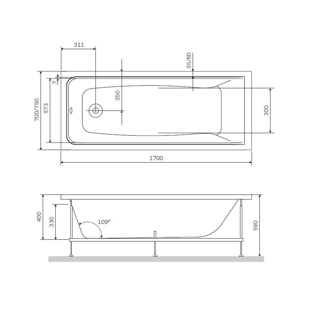 Встраиваемая ванна с шумоизоляцией Am.Pm Gem W90A-170-075W-A 170х75 схема 2