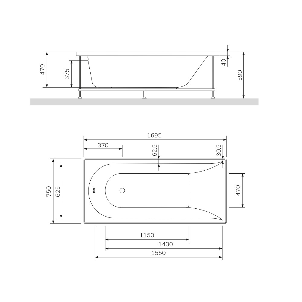 Акриловая ванна Am.Pm Spirit W72A-170-075W-A2 169,5х75 схема 2