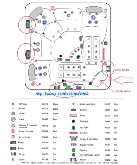 Квадратный гидромассажный СПА бассейн AquaSpas My Sourse 220х220 схема 17