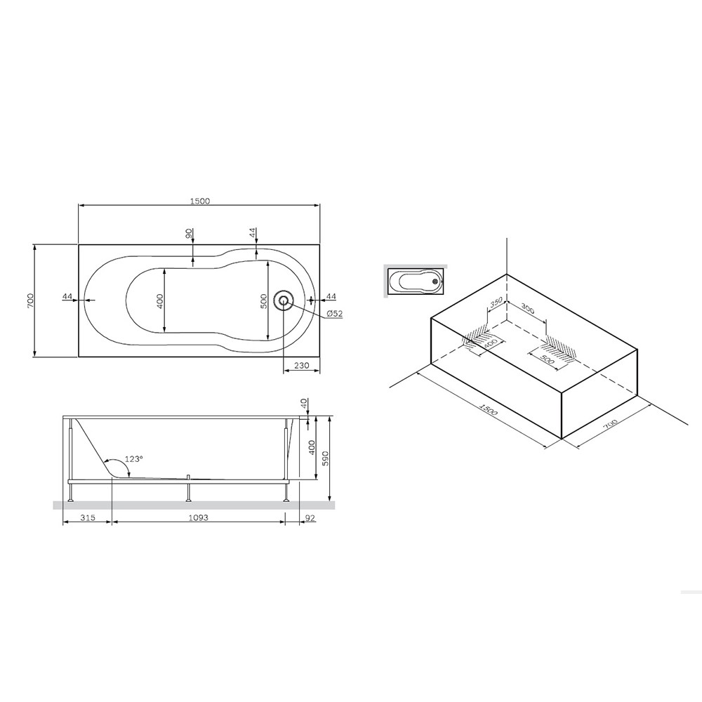 Акриловая ванна встраиваемая Am.Pm X-Joy W88A-150-070W-A 150х70 схема 2