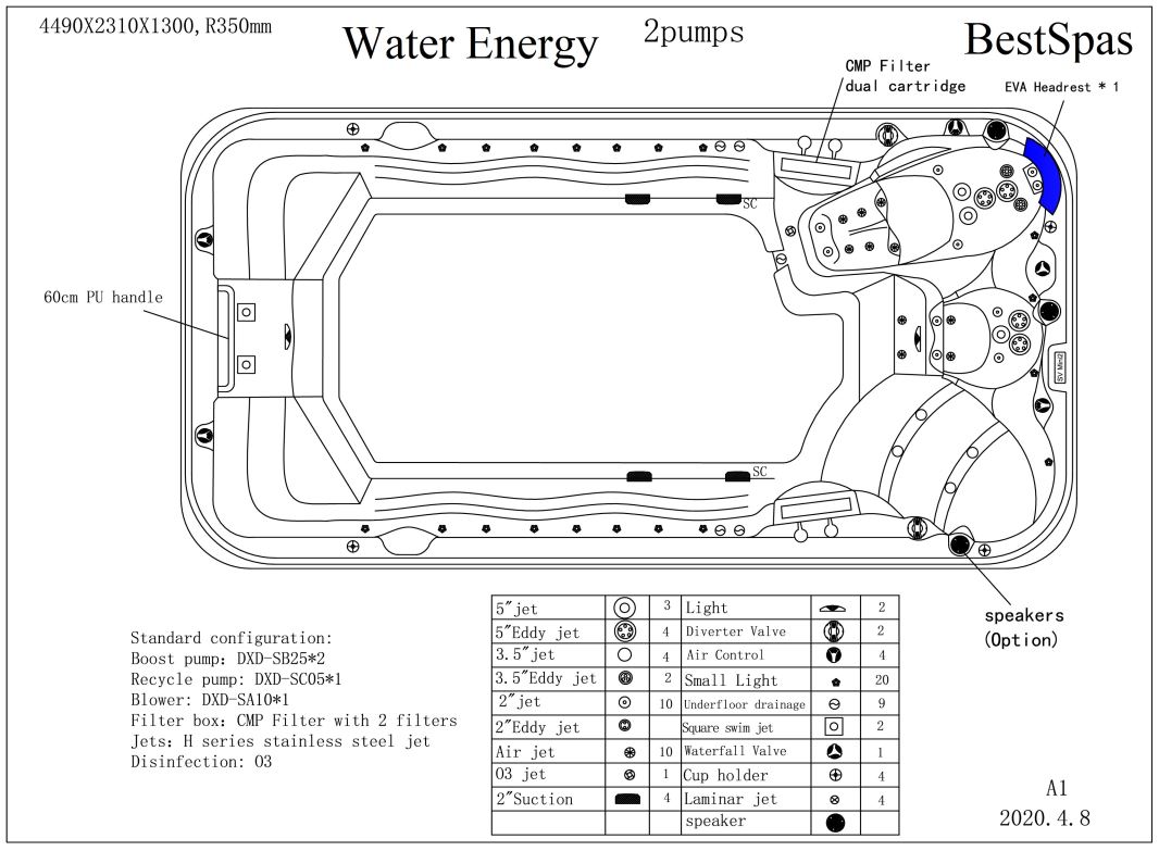 Прямоугольный гидромассажный СПА бассейн BestSpas Water Energy 449х231 схема 3