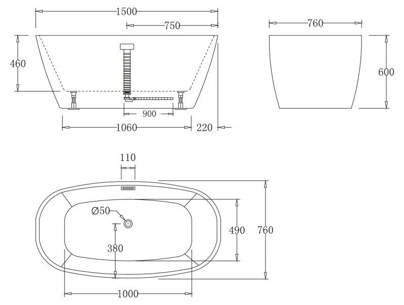 Ванна овальная свободностоящая Belbagno BB72 150x76 схема 2