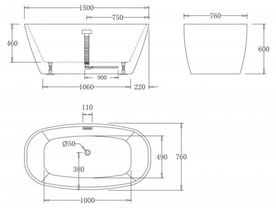 Ванна овальная свободностоящая Belbagno BB72 150x76 схема 2