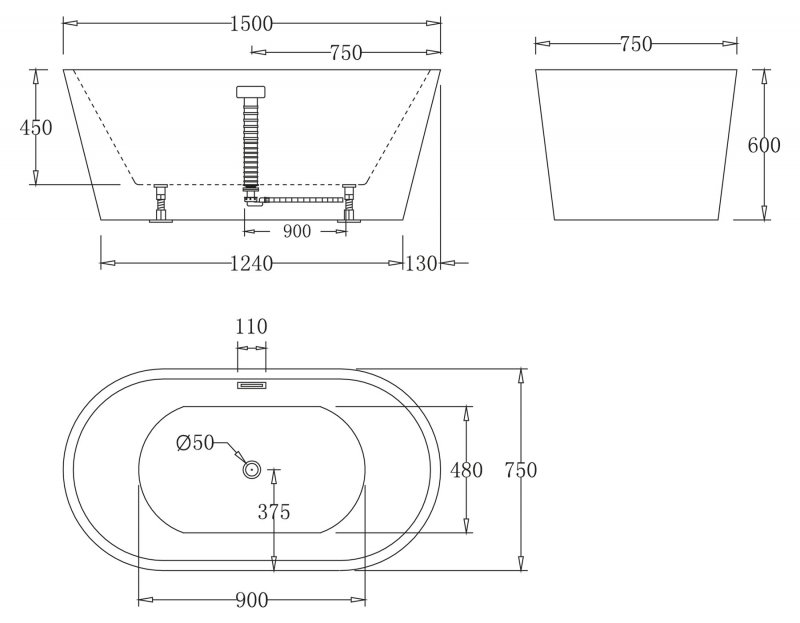 Ванна Belbagno BB71 отдельностоящий монтаж 150x75 схема 2