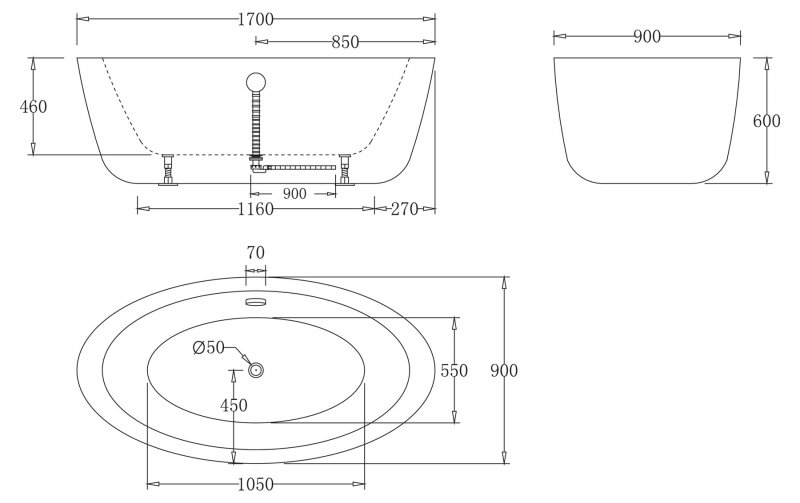 Ванна Belbagno BB67 170x90 схема 2