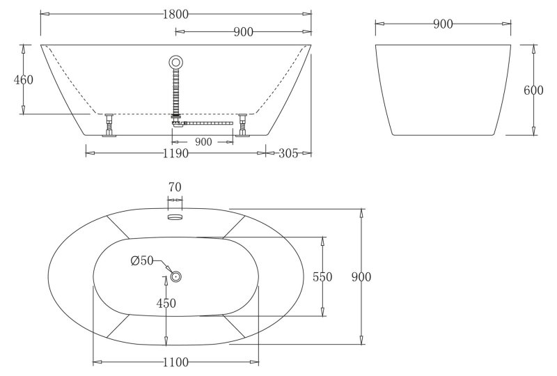 Ванна Belbagno BB68 180x90 схема 2