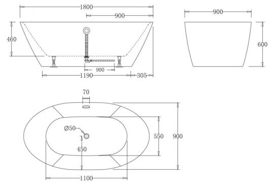 Ванна Belbagno BB68 180x90 схема 2