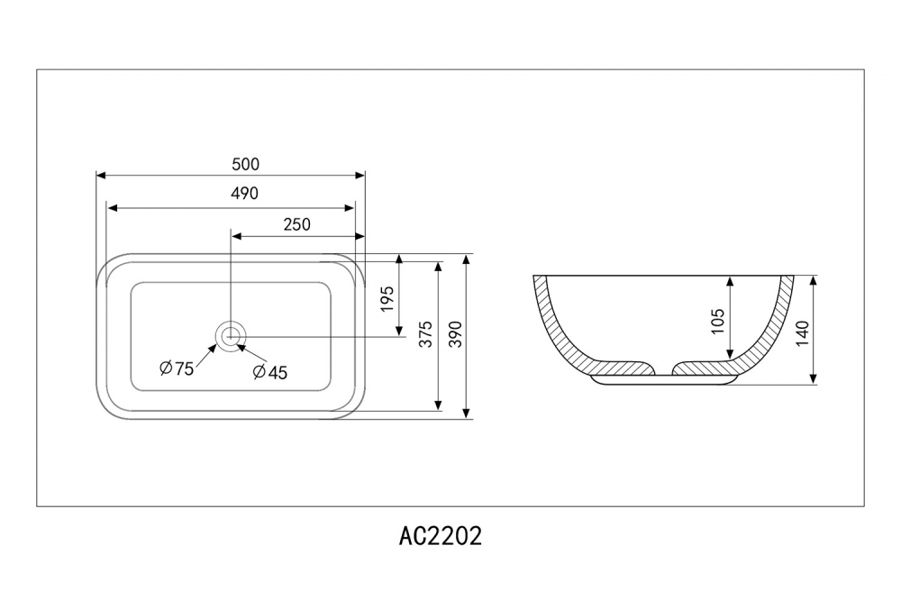 Раковина накладная ABBER Rechteck AC2202MB черная матовая 50х39 схема 2