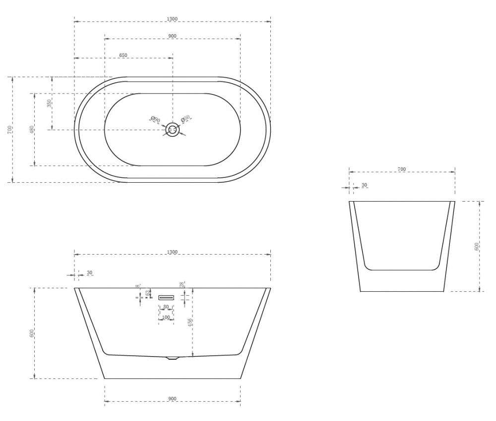 Акриловая ванна ABBER AB9203-1.3 130х70 со сливом по центру схема 2