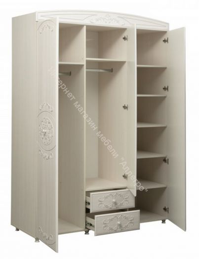 Шкаф 3 - х дверный с зеркалом Каролина (1500) (Патина), Вудлайн кремовый/Сандал белый