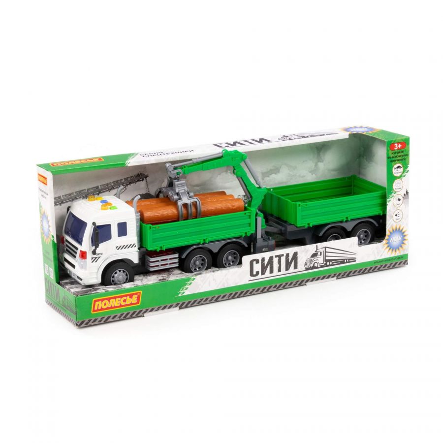 "Сити", автомобиль бортовой с манипулятором и прицепом инерционный (со светом и звуком) (зелёный) (в коробке)