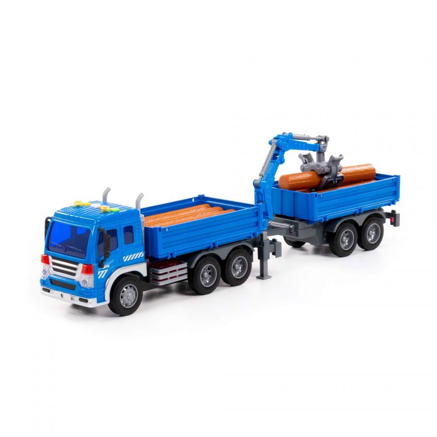 "Сити", автомобиль бортовой с манипулятором и прицепом инерционный (со светом и звуком) (синий) (в коробке)