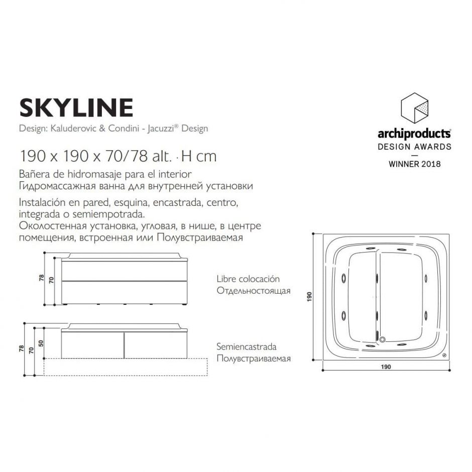 Гидромассажная ванна с подогревом Jacuzzi Skyline с хромотерапией и 10 форсунками 190x190 ФОТО