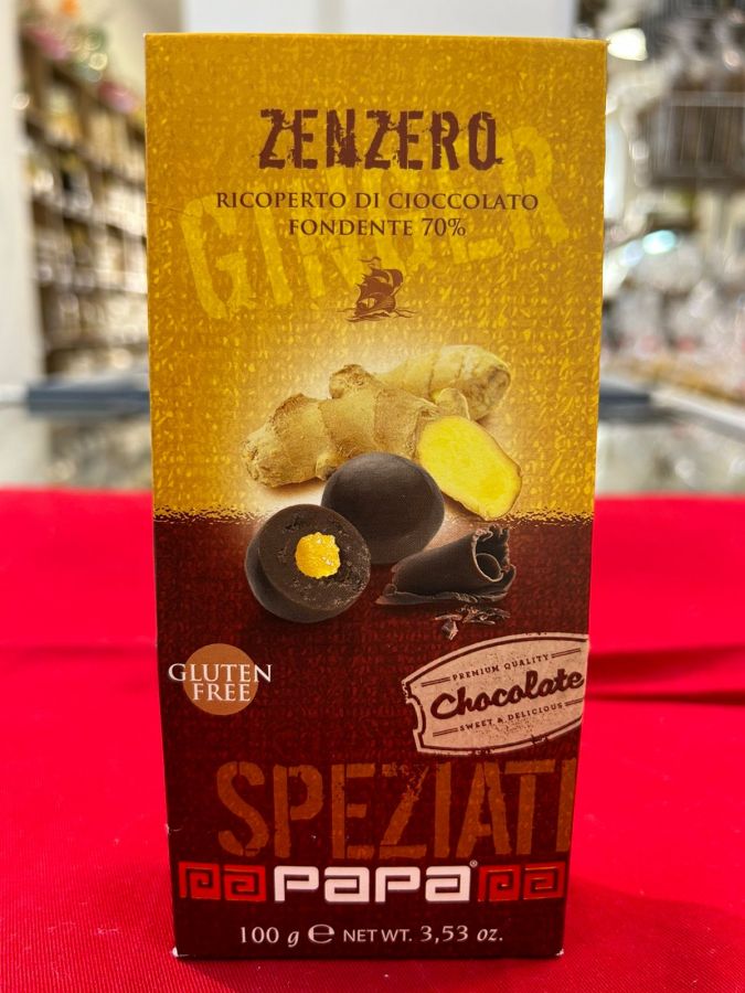 Имбирь в темном шоколаде 70% 100 г, Cubetti di zenzero ricoperti di cioccolato fondente al 70%, Papa, 100 g