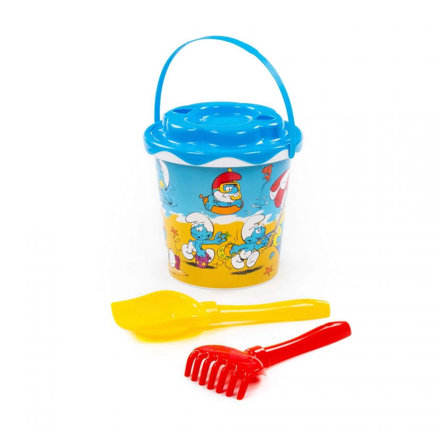 "Смурфики-2" набор №1: ведро с наклейкой, ситечко "Солнышко", лопатка №5, грабельки №5