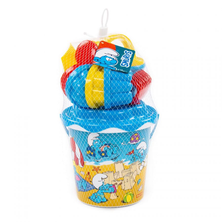 "Смурфики-2" набор №3: ведро с наклейкой, ситечко "Солнышко", лопатка №5, грабельки №5, лейка малая №4, формочки 4 шт.