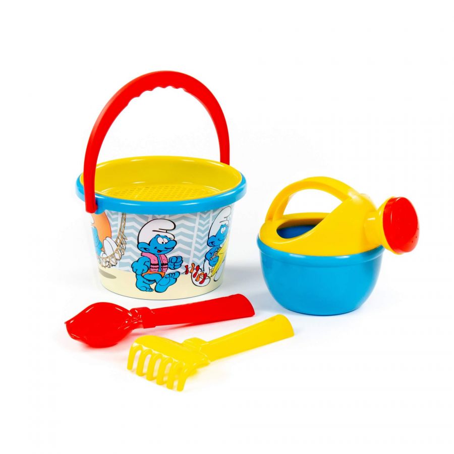"Смурфики-5" набор №2: ведро среднее с наклейкой, ситечко, совок №2, грабельки №2, лейка малая №4