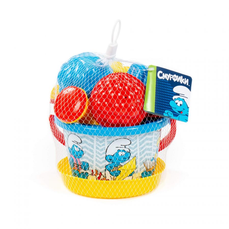 "Смурфики-5" набор №3: ведро среднее с наклейкой, ситечко, совок №2, грабельки №2, лейка малая №4, формочки 4 шт.