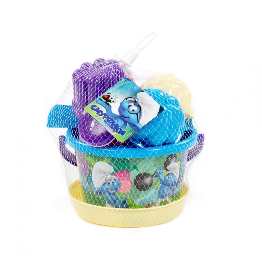 "Смурфики: Затерянная деревня-4" набор №3: ведро среднее с наклейкой, ситечко, совок №2, грабельки №2, лейка малая №4, формочки 4 шт.