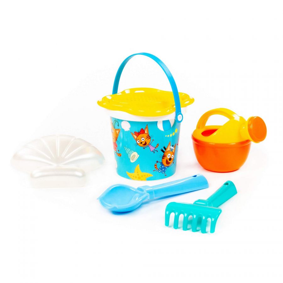 Песочный набор "Три кота и море приключений" №2: Ведро малое с наклейкой, ситечко-цветок, совок №2, грабельки №2, лейка малая №3, формочка (ракушка №2
