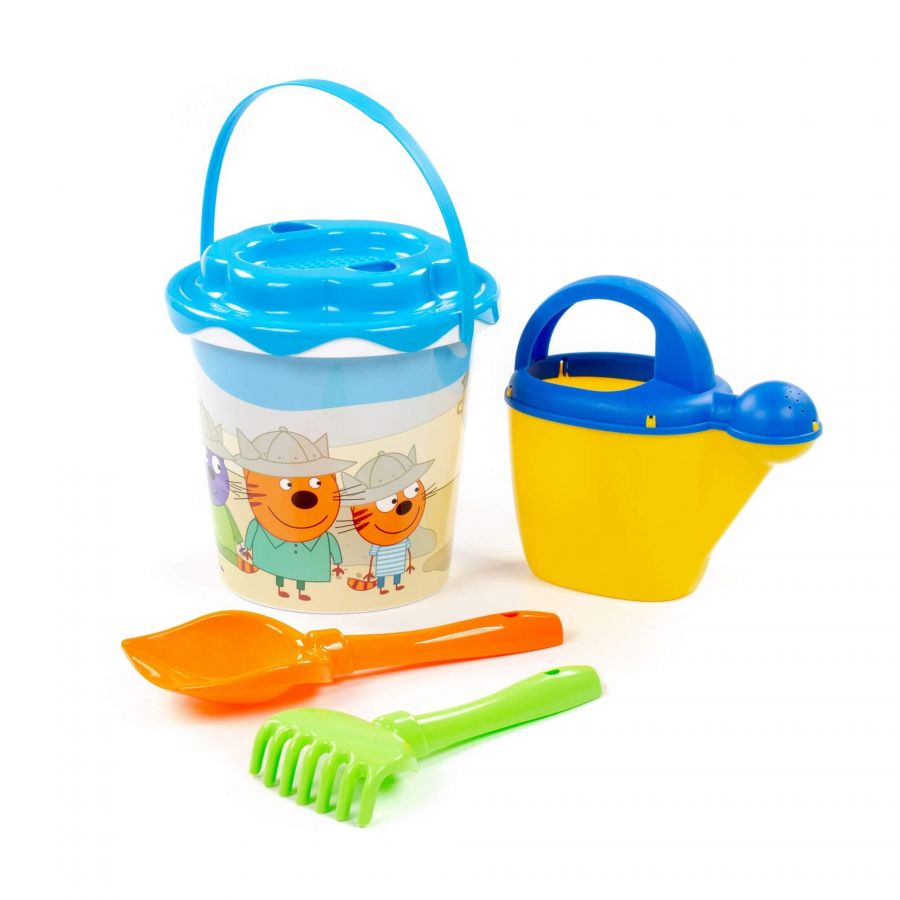 Песочный набор "Три кота. Мир приключений" №6: Ведро с наклейкой, ситечко "Солнышко", лопатка №5, грабельки №5, лейка №10