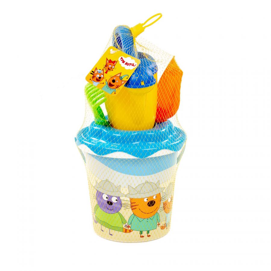 Песочный набор "Три кота. Мир приключений" №6: Ведро с наклейкой, ситечко "Солнышко", лопатка №5, грабельки №5, лейка №10