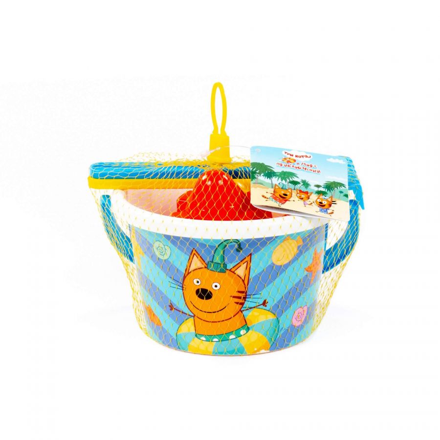 Песочный набор "Три кота и море приключений" №3: Ведро среднее с наклейкой, лопатка, грабельки, формочка (замок квадратный)