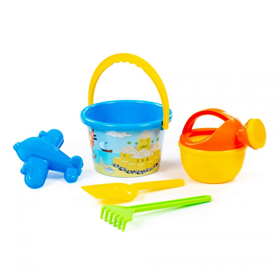 Песочный набор "Три кота. Мир приключений" №3: Ведро среднее с наклейкой, лопатка, грабельки, формочка (самолёт), лейка малая №4