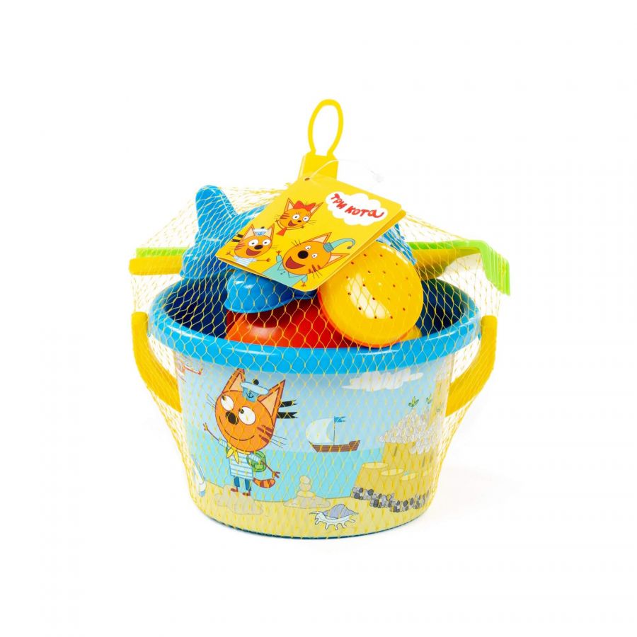 Песочный набор "Три кота. Мир приключений" №3: Ведро среднее с наклейкой, лопатка, грабельки, формочка (самолёт), лейка малая №4