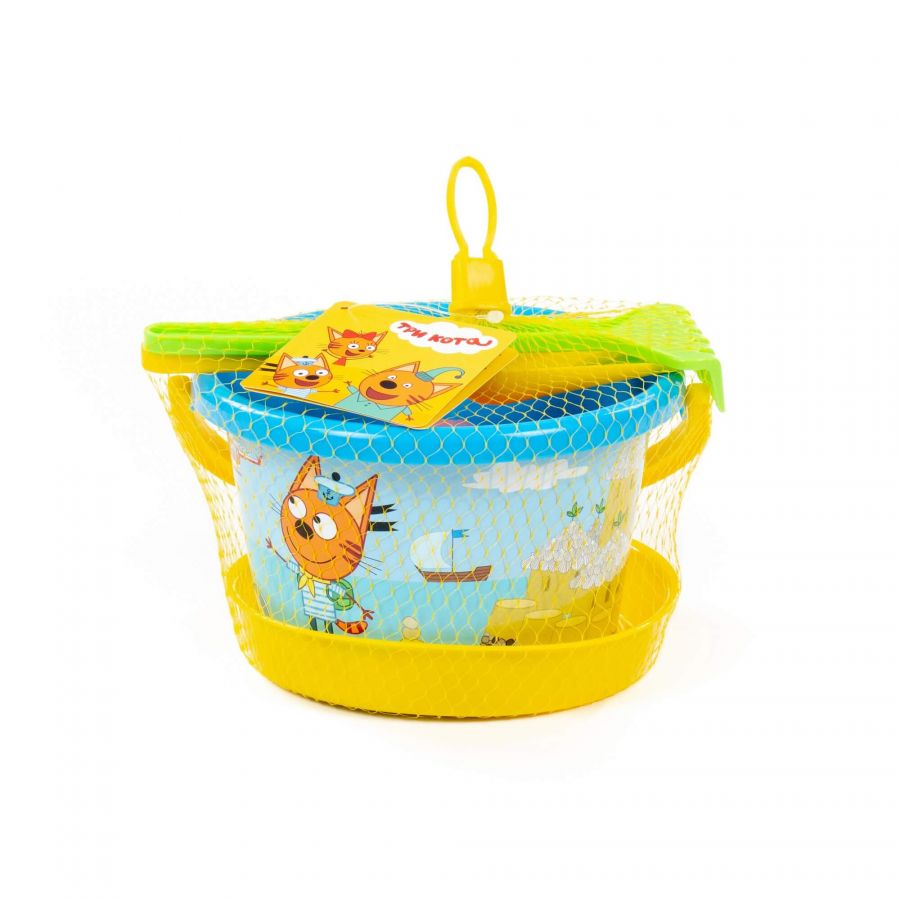 Песочный набор "Три кота. Мир приключений" №4: Ведро среднее с наклейкой, ситечко, лопатка, грабельки, формочка (замок башня)