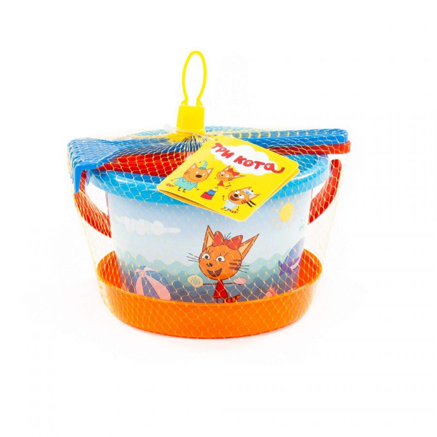 Песочный набор "Три кота" №3: Ведро среднее с наклейкой, ситечко, лопатка, грабельки, 3 формочки
