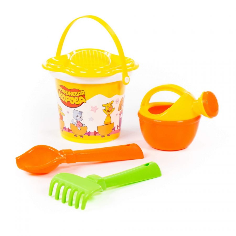 Набор "Оранжевая корова" №2: ведро малое с наклейкой, ситечко-цветок, совок №2, грабельки №2, лейка малая №3