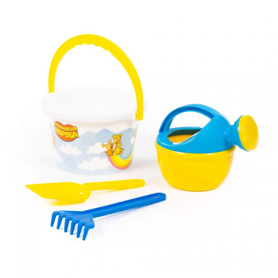 Набор "Оранжевая корова" №4: ведро среднее с наклейкой, лопатка, грабельки, лейка малая №4