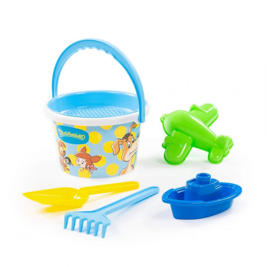 Набор "Простоквашино" №3: ведро среднее с наклейкой, ситечко, лопатка, грабельки, формочка (самолёт), кораблик "Юнга"