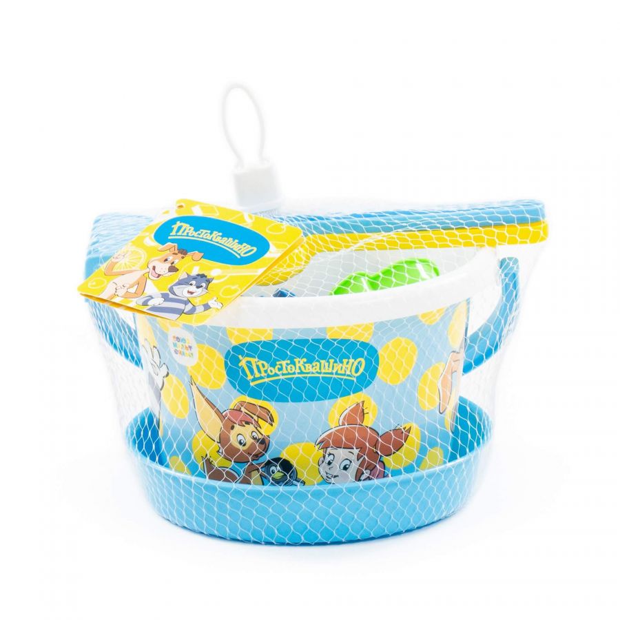 Набор "Простоквашино" №3: ведро среднее с наклейкой, ситечко, лопатка, грабельки, формочка (самолёт), кораблик "Юнга"