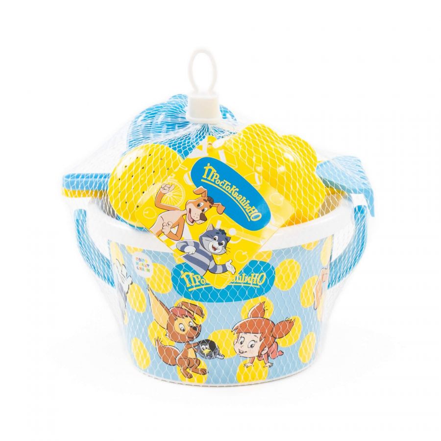 Набор "Простоквашино" №4: ведро среднее с наклейкой, лопатка, грабельки, 2 формочки, лейка малая №4