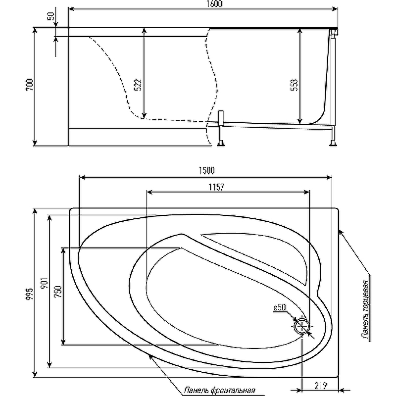 Акриловая ванна Timo Iva 160x100 L IVA1610L без гидромассажа схема 4