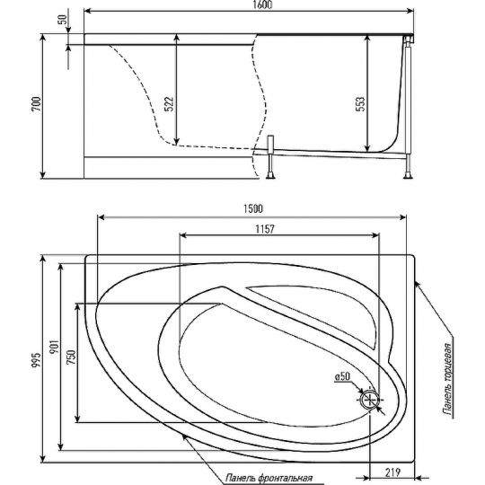 Акриловая ванна Timo Iva 160x100 L IVA1610L без гидромассажа схема 4