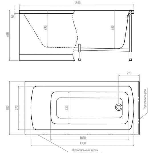 Акриловая ванна Timo Ritta 150x70 RITTA1570 без гидромассажа схема 3
