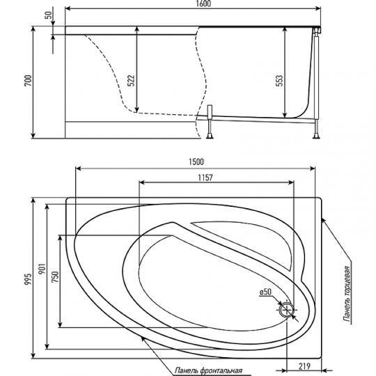 Акриловая ванна Timo Iva 160x100 R IVA1610R без гидромассажа схема 4